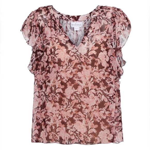 Velvet Women’s Size Large Red Pink Romantic Ruffled Floral Print Viscose Shirt - Picture 4 of 14